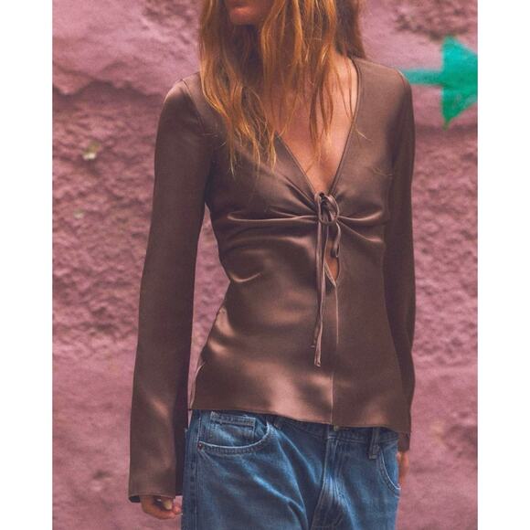 ZARA Satin Effect Tie Front Long Sleeve Blouse Top Brown Small S - Picture 1 of 9